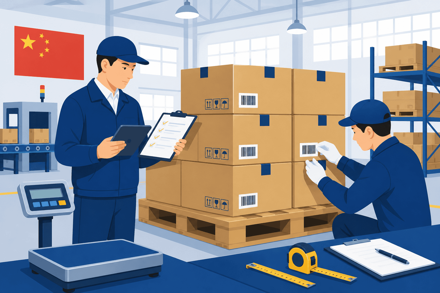 Quality inspector checking labeled cartons on a pallet inside a factory in China